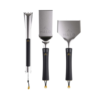 HALO Getaway Griddle Tool Kit, 3-Piece Stainless Steel Set with Spatula, Tongs, and Scraper
