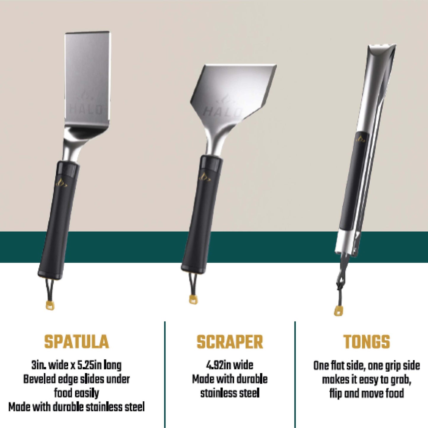 HALO Getaway Griddle Tool Kit, 3-Piece Stainless Steel Set with Spatula, Tongs, and Scraper