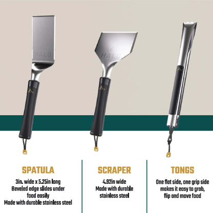 HALO Getaway Griddle Tool Kit, 3-Piece Stainless Steel Set with Spatula, Tongs, and Scraper