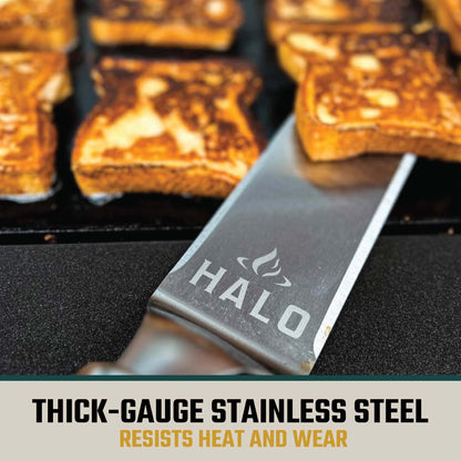 HALO Getaway Griddle Tool Kit, 3-Piece Stainless Steel Set with Spatula, Tongs, and Scraper