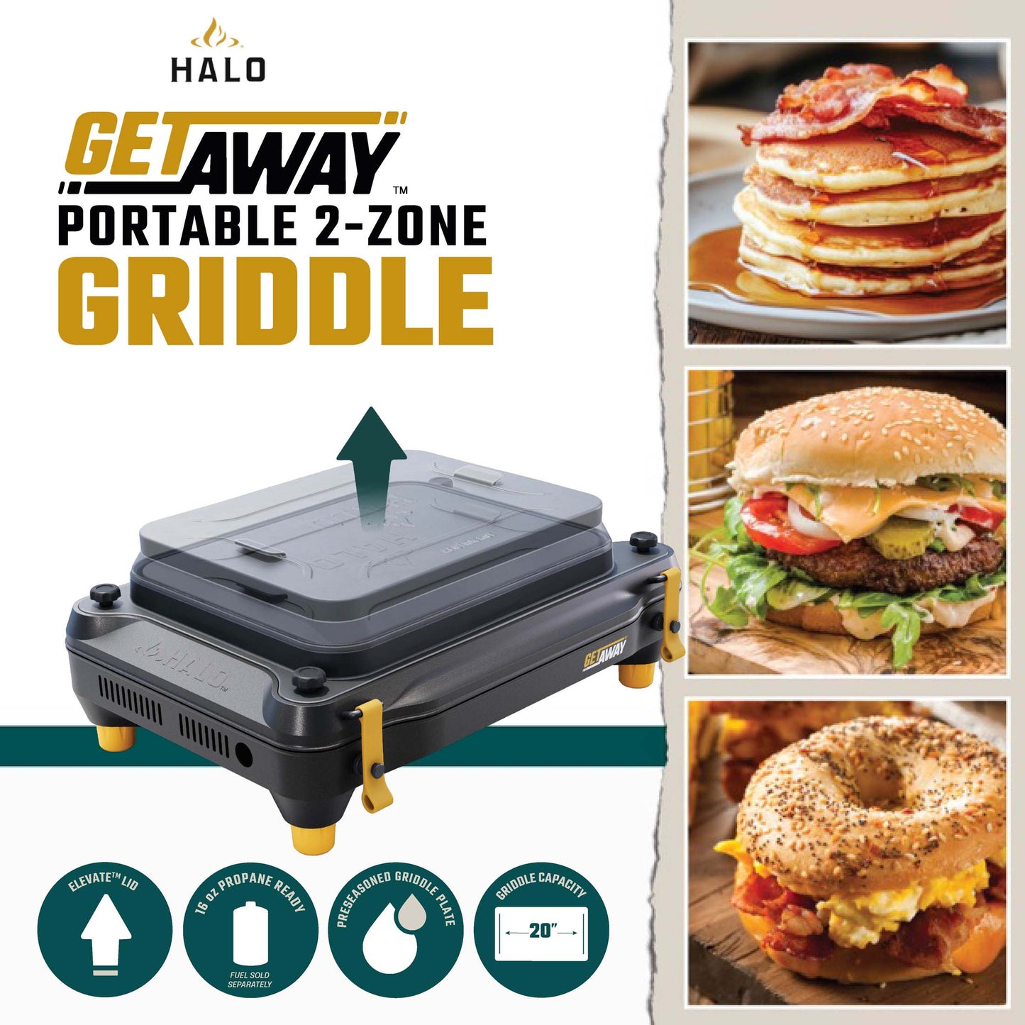 HALO Getaway 2-Zone Portable Outdoor Griddle with ELEVATE Lid and 282 sq in Cooktop